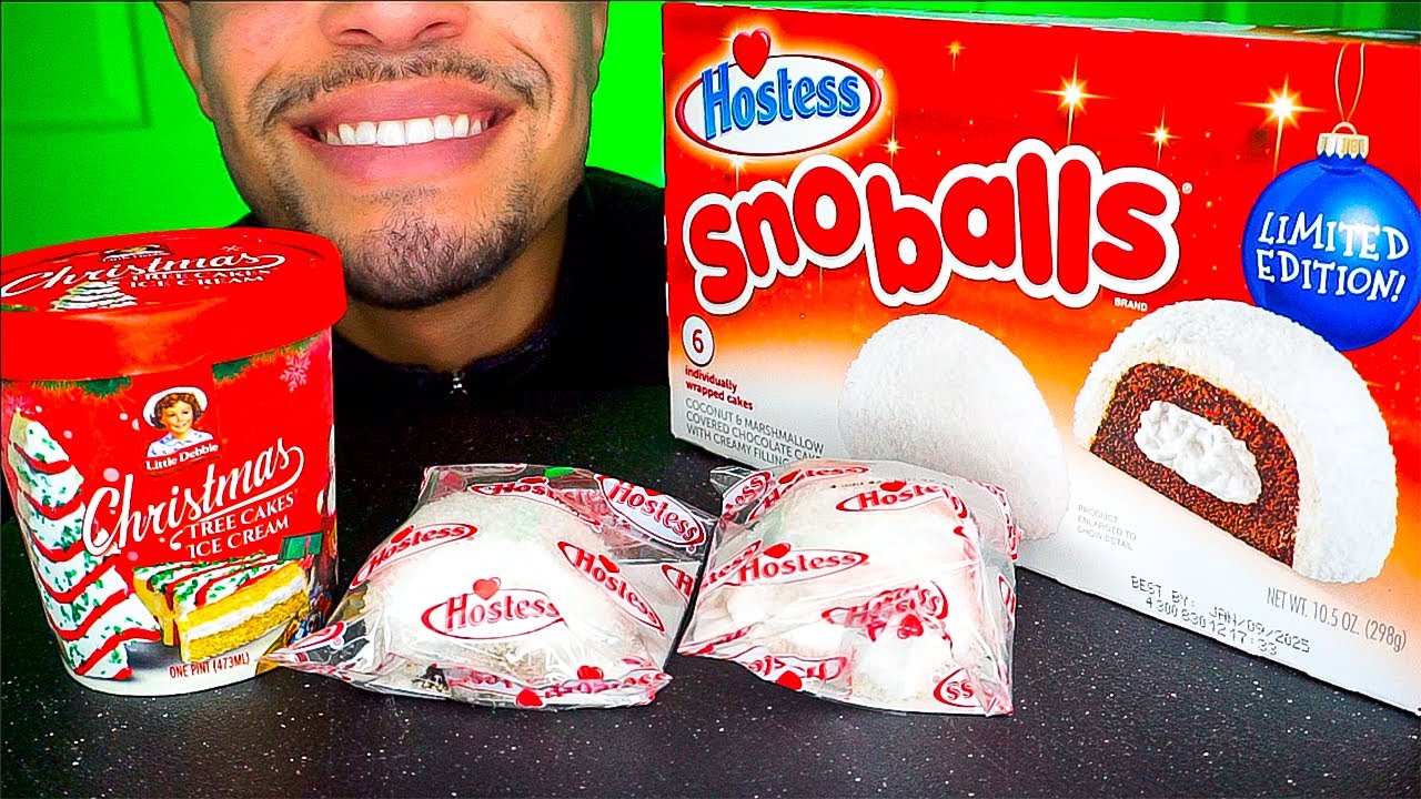 ASMR LITTLE DEBBIE CHRISTMAS TREE CAKES SNOBALLS CHOCOLATE CAKE BALLS ICE CREAM EATING CANDY SWEETS