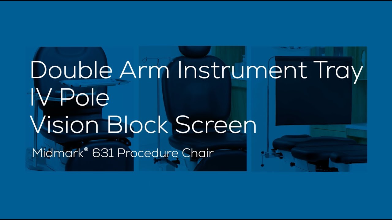 Midmark&reg; 631 Procedure Chair: Double Arm Instrument Tray, IV Pole + Vision Block Screen