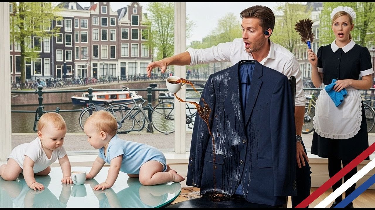 Tweeling van miljonair morst koffie op zijn pak — schoonmaakster reageert snel… en hij huilt 😭🔥