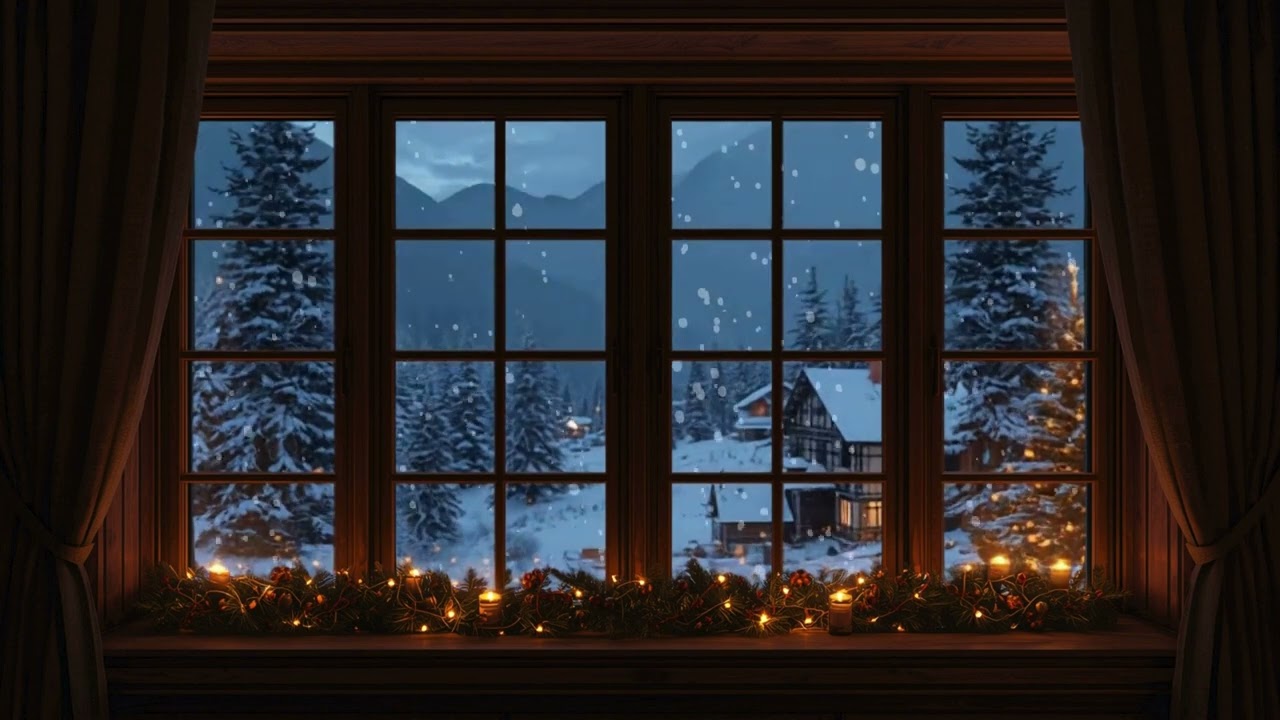 Christmas Window Projection | Cozy Winter Wonderland Scene background with Lights, Snowfall Ambience