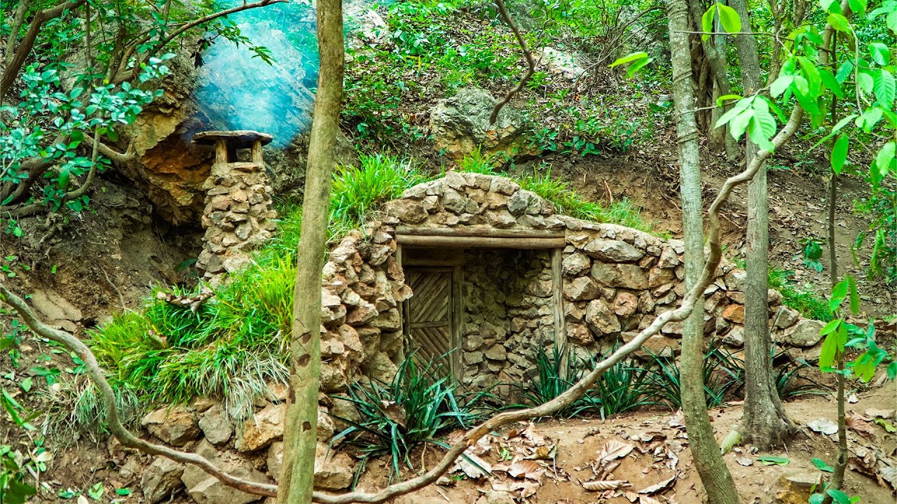 7Days Build Complete Stone Wood Grass Roof Shelter Survival Cooking