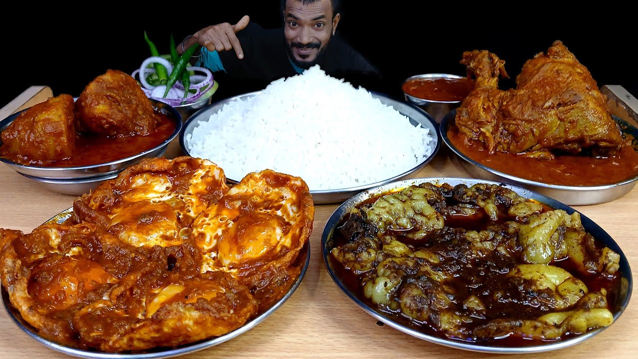 Asmr Eating Mutton Fat Curry,Chicken Leg Pish Curry,Spicy Egg Omlet Curry , With Rice, Mukbang Video