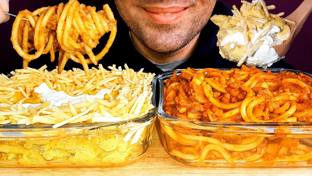 موکبانگ چیکن استراگانوف اسپاگتی با سس گوشت🍝|ASMR EATING CHICKEN STROGANOFF,SPAGHETTI MUKBANG