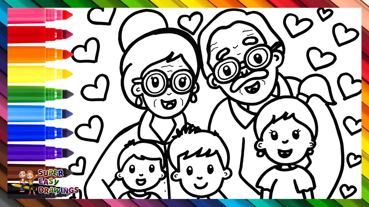 Draw and Color Grandparents with Their Grandchildren 👵👴👧👦👦❤️🧡💛💚💙💜🌈 Drawings for Kids