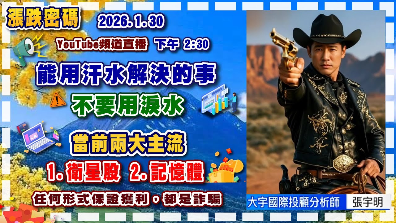 2026.1.30 張宇明台股解盤   能用汗水解決的事，不要用淚水！當前兩大主流：1.衛星股2.記憶體【#張宇明分析師】