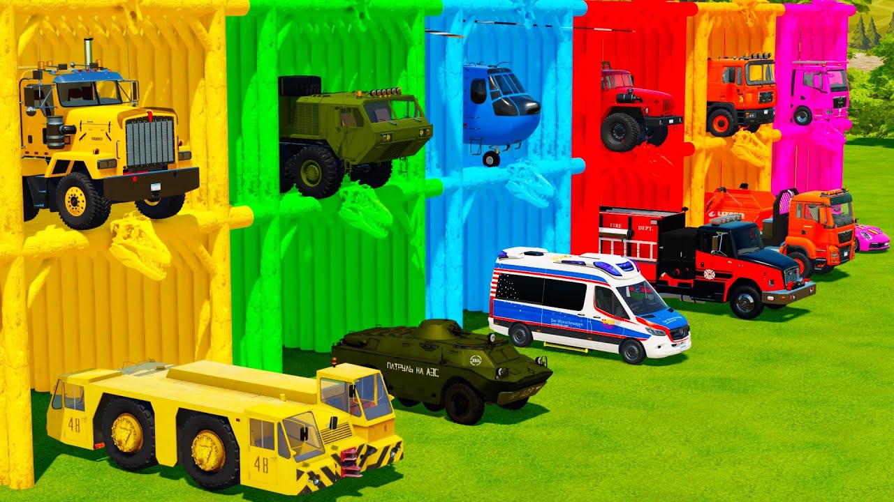 TRANSPORTING EMERGENCY & MILITARY VEHICLES & GARBAGE TRUCK WITH BIG TRUCKS! Farming Simulator 22