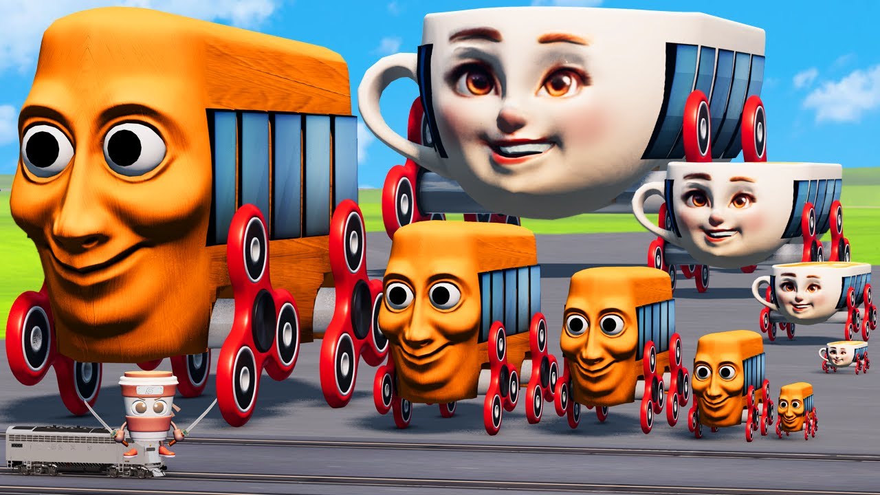 Big & Small Tung Tung Sahur Bus on Spinner Wheels vs Ballerina Cappuccina Bus vs Trains BeamNG.Drive