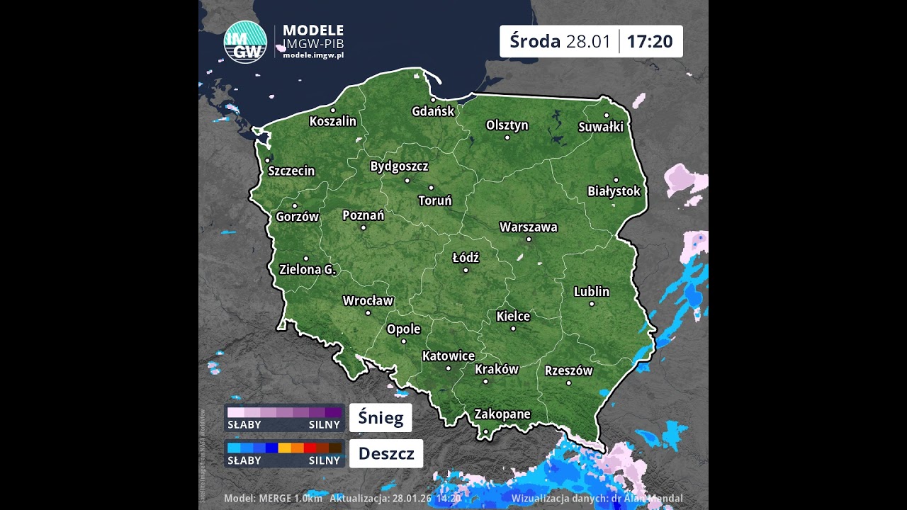 Prognoza opadu na 8 godzin (Model MERGE) 28.01.2026 