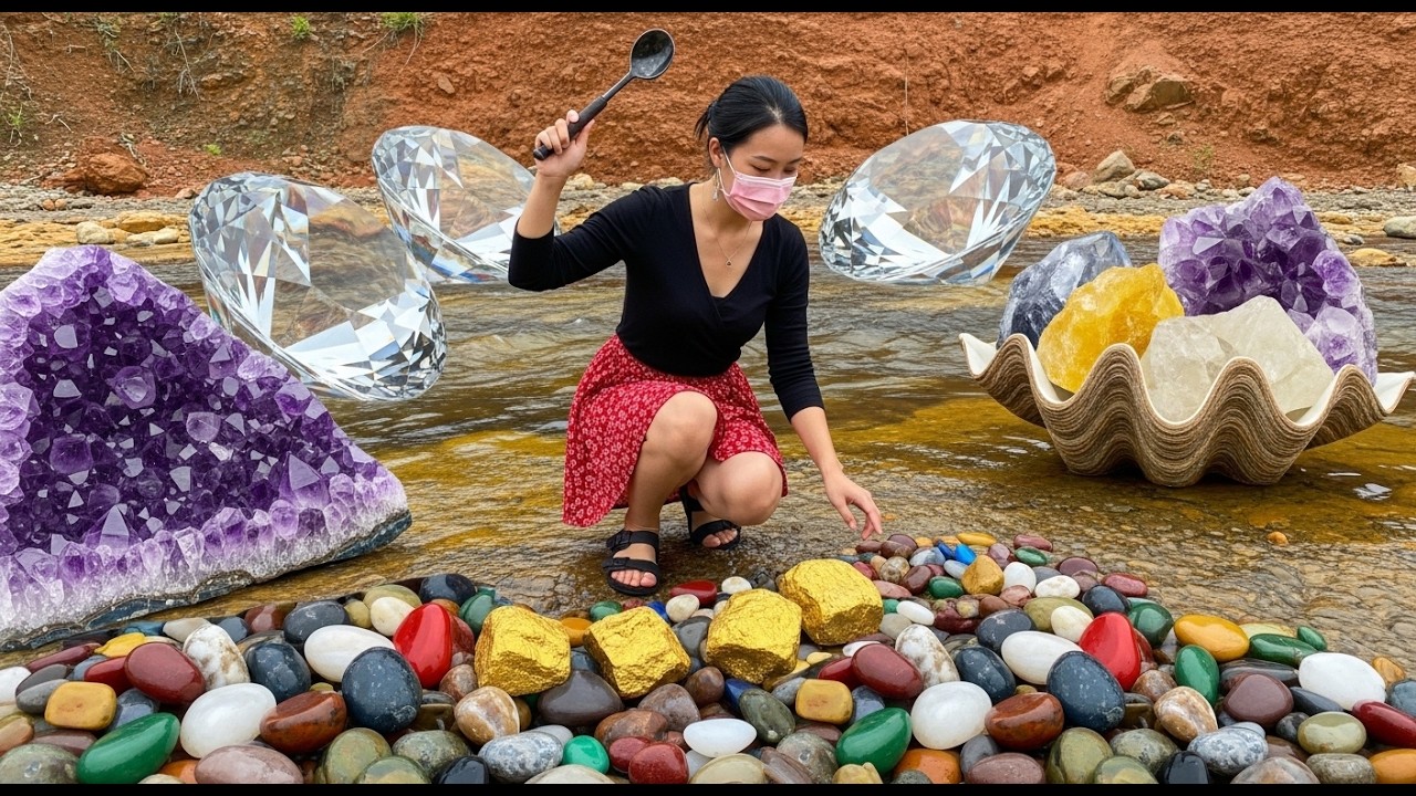 Lucky day a man find snails found & pick gold in sand at river side