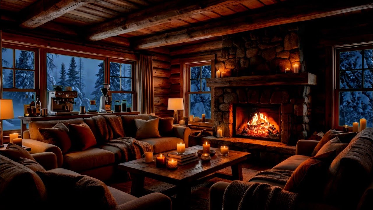Peaceful Winter Café Ambience | Warm Fireplace & Smooth Jazz Music For Sleep & Focus