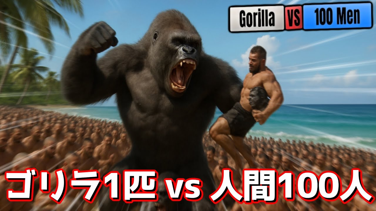 ゴリラが屈強な100人の男に挑む謎のゲーム【Gorilla Vs 100 Men】