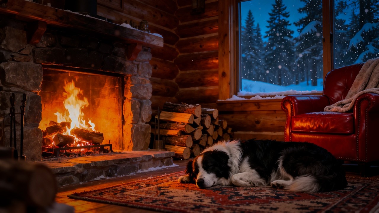 Cozy Cabin Night Ambience 🔥 Relaxing Smooth Jazz, Sleeping Dog & Fireplace Warmth for Focus & Calm