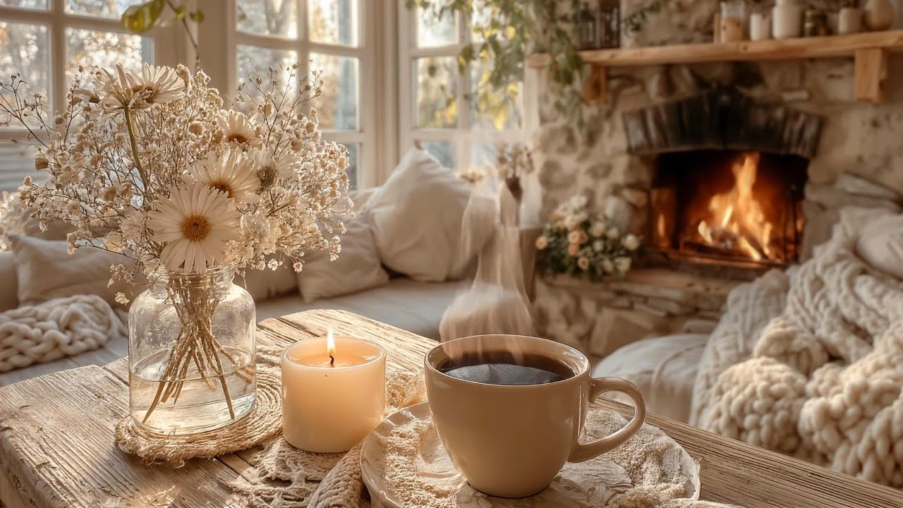Cozy Fireplace Coffee ☕ Peaceful Jazz Instrumental | Relaxing Cafe Ambience for Morning Work & Study