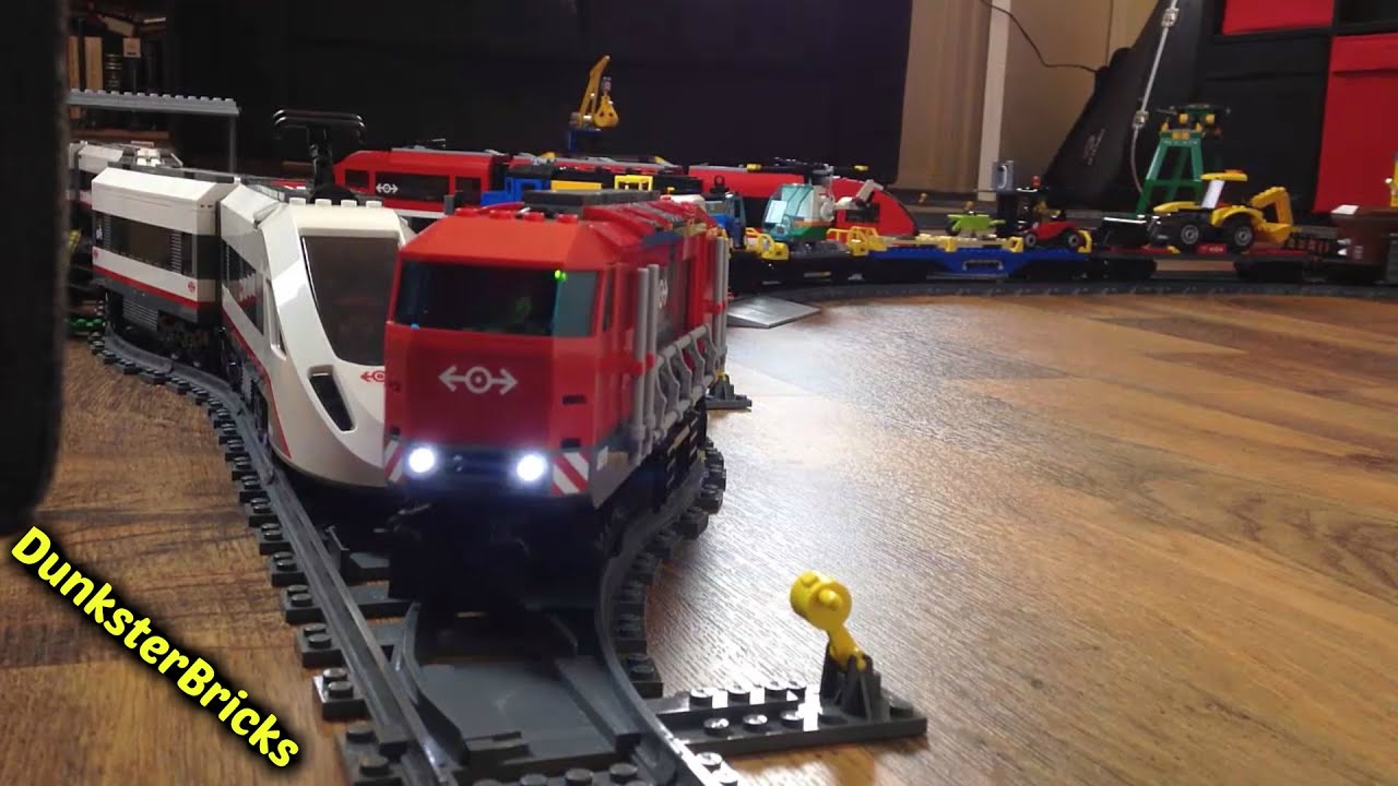 Modified LEGO Heavy-Haul Train, set 60098!  Pulling lots of cargo!  With GoPro Ride-Along