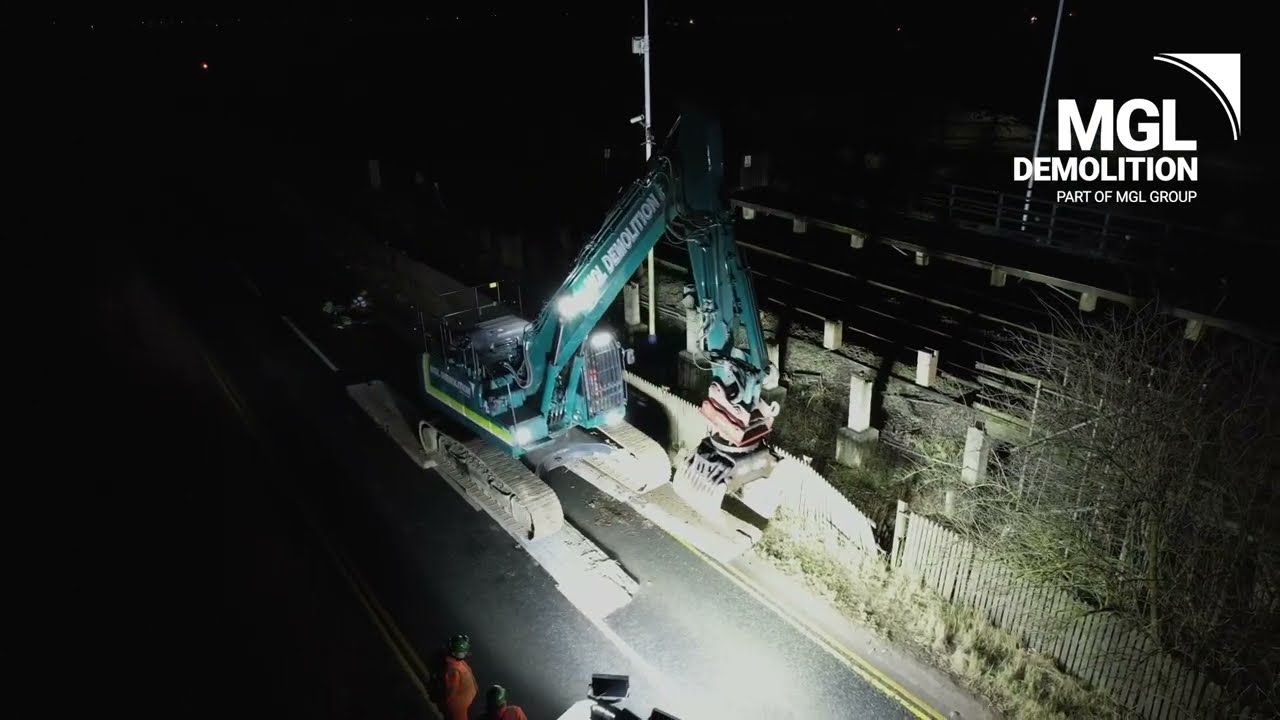 MGL Demolition demolishes the footbridge and an unused platform at Teesside Airport Railway Station