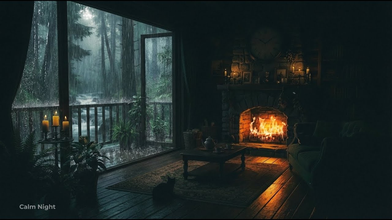 Fireside Comfort with Rain, Fireplace  for Deep Sleep & Meditation - Nighttime Thunderstorm Haven