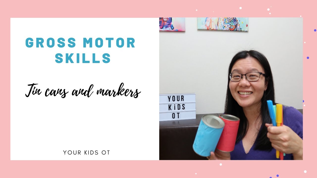 Gross Motor Skills using Tin Cans and Markers.  Telehealth Occupational Therapy ideas.