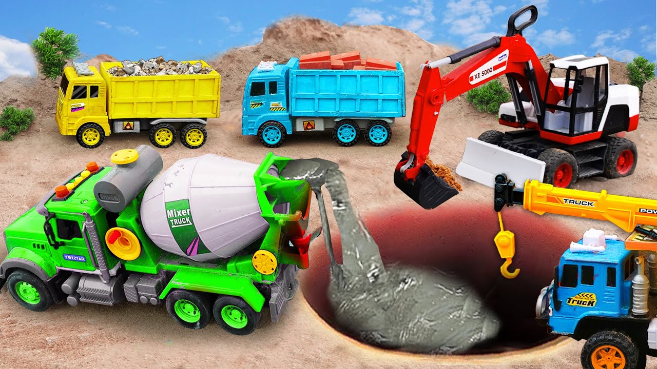 Máy kéo cứu hộ ô tô, máy xúc múc cát, xe trộn bê tông xây vòng xuyến - Bé cá đồ chơi thiếu nhi