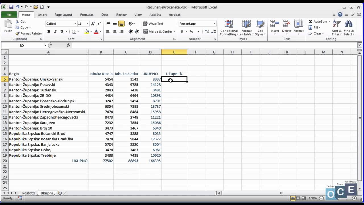 Primjer računanja procenata (Excel 2010)