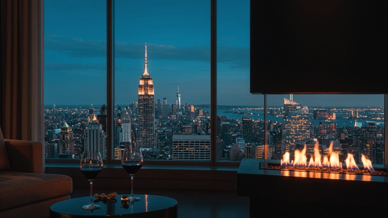 Smooth Jazz & Red Wine • Empire State View, Cozy Fireplace Lounge Music