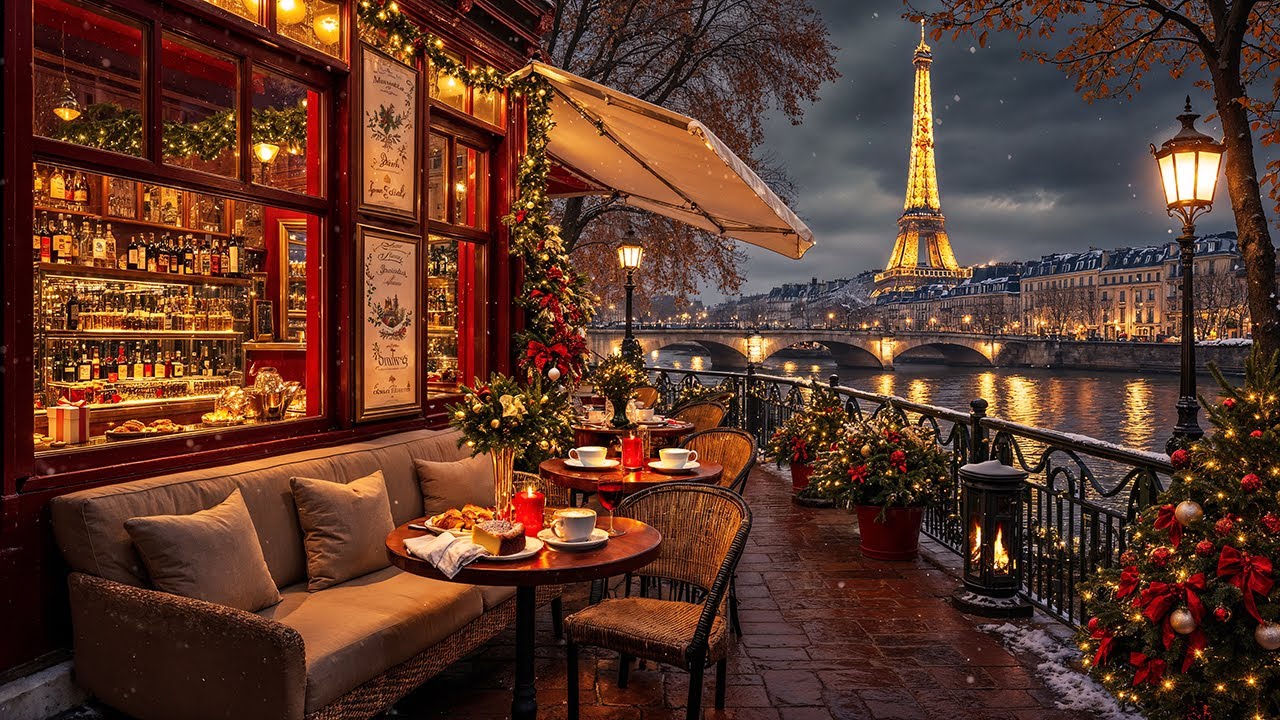 Paris Christmas Caf&eacute; Ambience ☕ Relaxing Jazz Music | Fireplace Sounds for Study & Focus