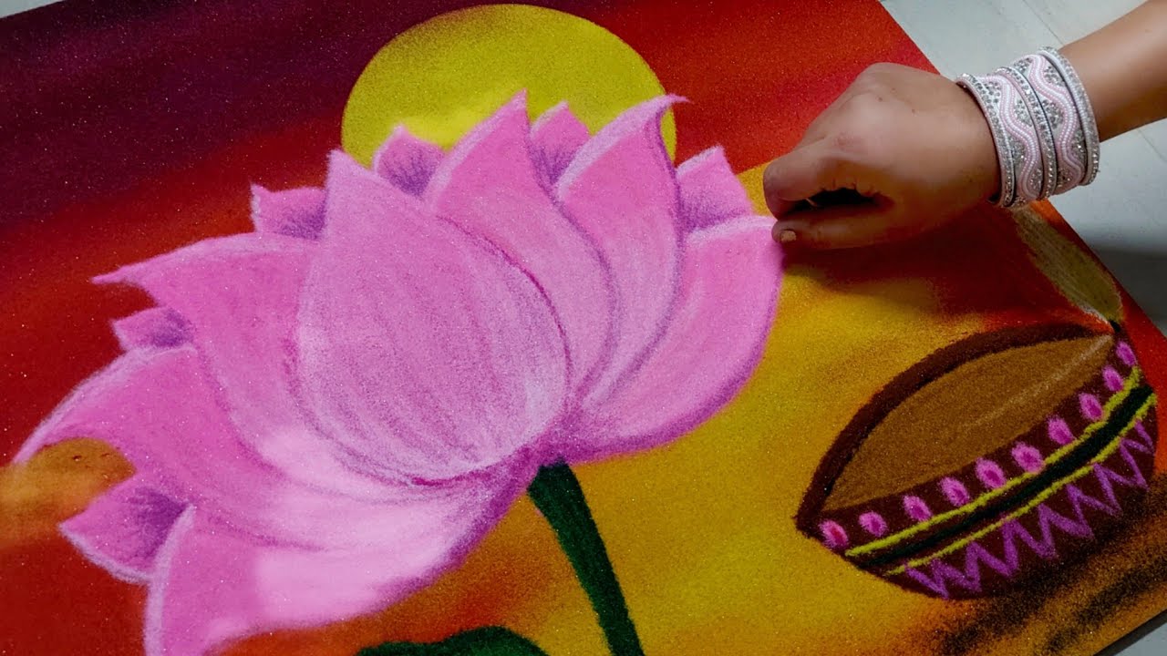 Scenery Poster Rangoli Of Lotus | Unique Creative Nature Rangoli Designs Tutorial | Easy Rangoli