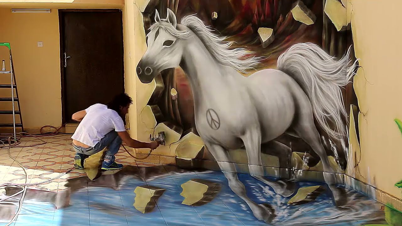 3D Horse Painting streetArt by Artist Ossama Nasr رسم حصان ثلاثي الأبعاد - الرسام أسامة نصر