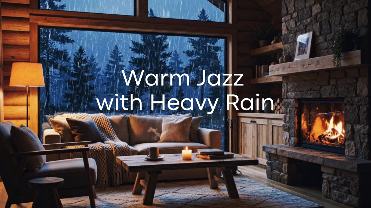 No Ads Cozy Reading Nook Ambience 🔥 Warm Jazz with Heavy Rain & Fireplace Sounds for Sleep, Relax