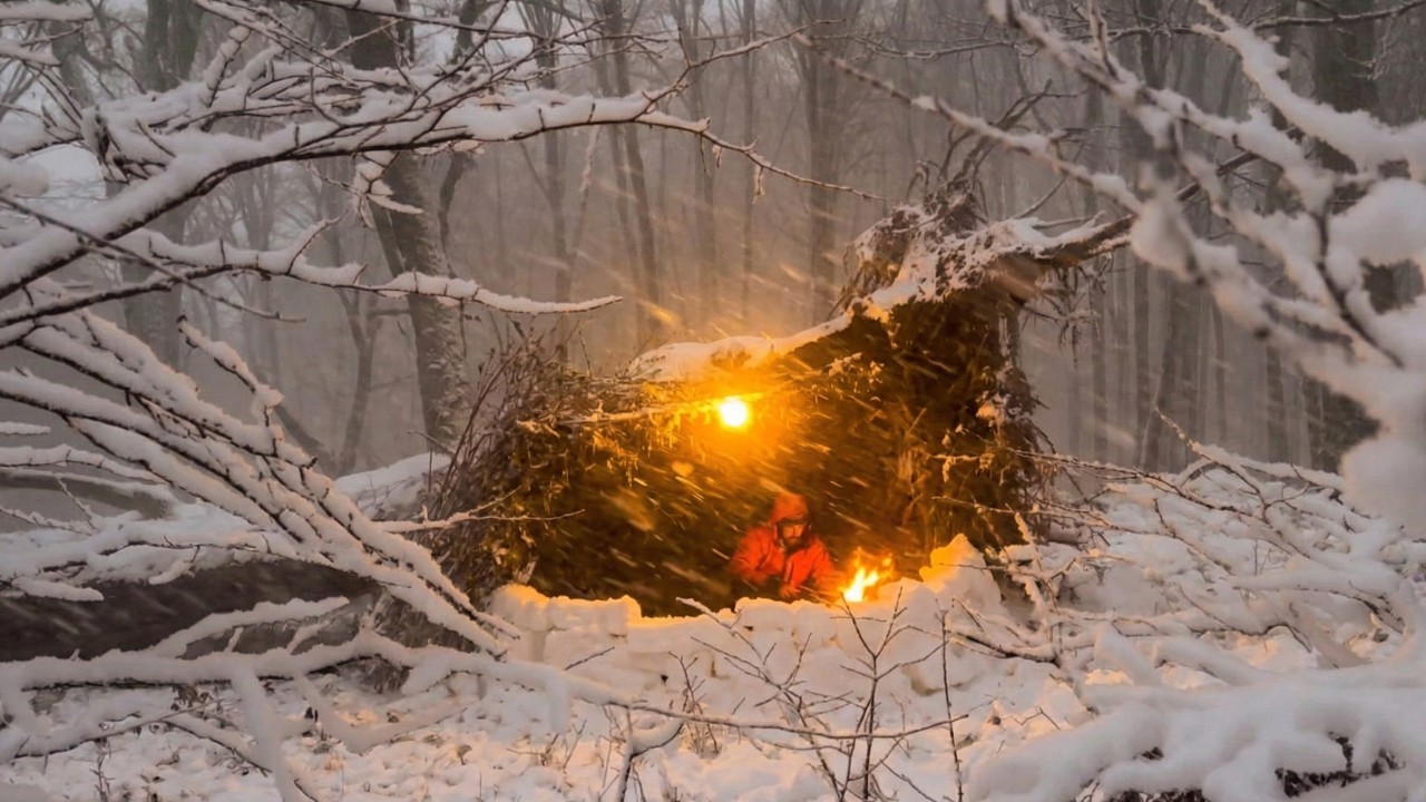 Surviving a SNOWTORM by building a Wooden House Under Tree | The Most Intense Blizzard Ever