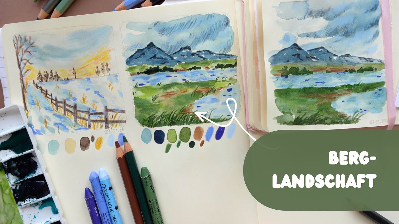 Tutorial: Einfache Berlandschaft mit Aquarell und Buntstiften