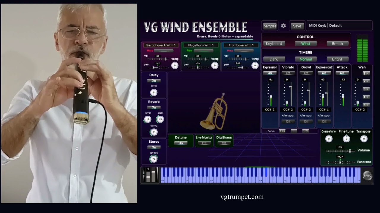 VG Wind Ensemble VST, AU Plugin. Flugelhorn sound and Robkoo Clarii mini wind controller.