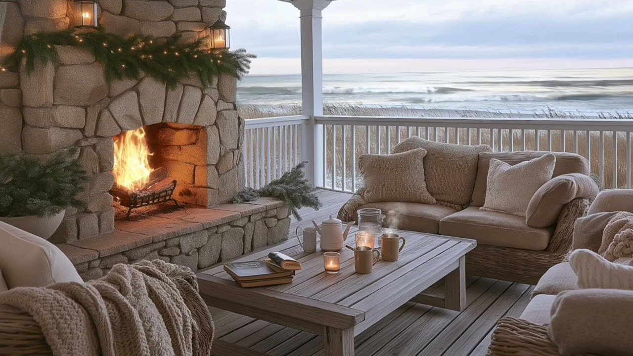 Cozy Oceanfront Porch & Crackling Fireplace | Winter Beach Fireplace ASMR Relaxation, Sleep & Study