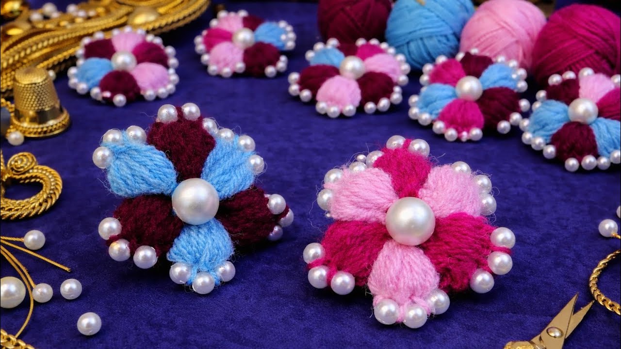 💯✨Wonderful⭐and unique💖 handmade💞 beautiful❤️ yarn🧶 flower 🌸 with pearls🦪|How to 💝make DIY 💫 flower?