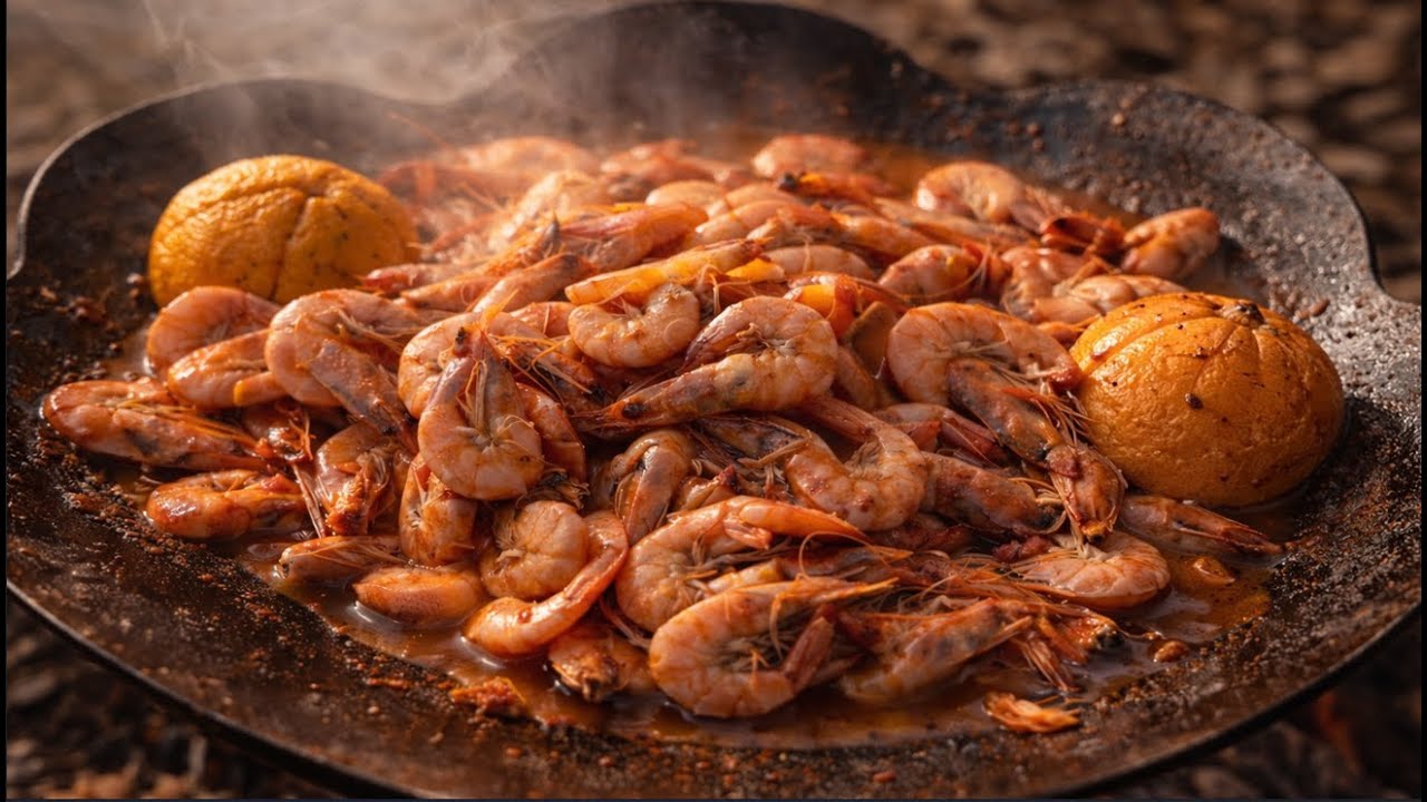 Forest Fire Cooking – Shrimp in a Large Outdoor Pan | Old Style