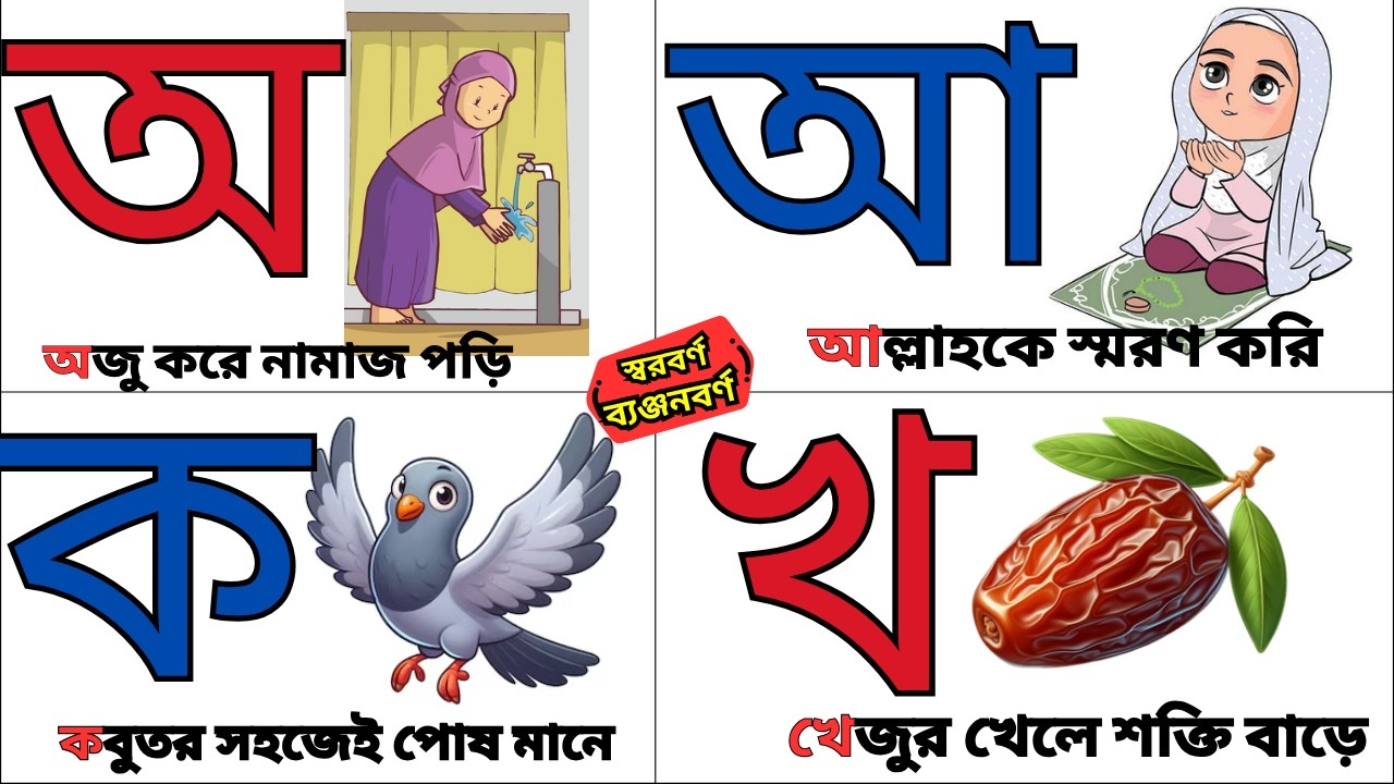 অ তে অজু করে নামাজ পড়ি | আ তে আল্লাহকে স্মরণ করি | ক তে কবুতর সহজে পোষ মানে | খ তে খেজুর খেলে বল হয়