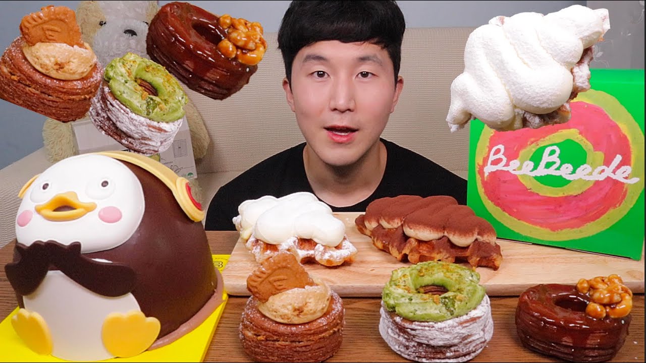 [ASMR]펭수야 미안해 너 좀 쩔더라! & 노티드 도넛 비비드 크로넛 먹방 with 주스의정석 (Character Cake, Cream Croffle, Cronut)#MUKBAN