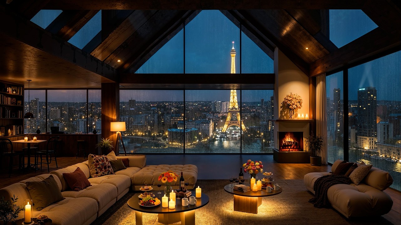 🌃 Romantic Paris Apartment Ambience with Smooth Jazz Instrumental Music & Rain Outside to Unwind