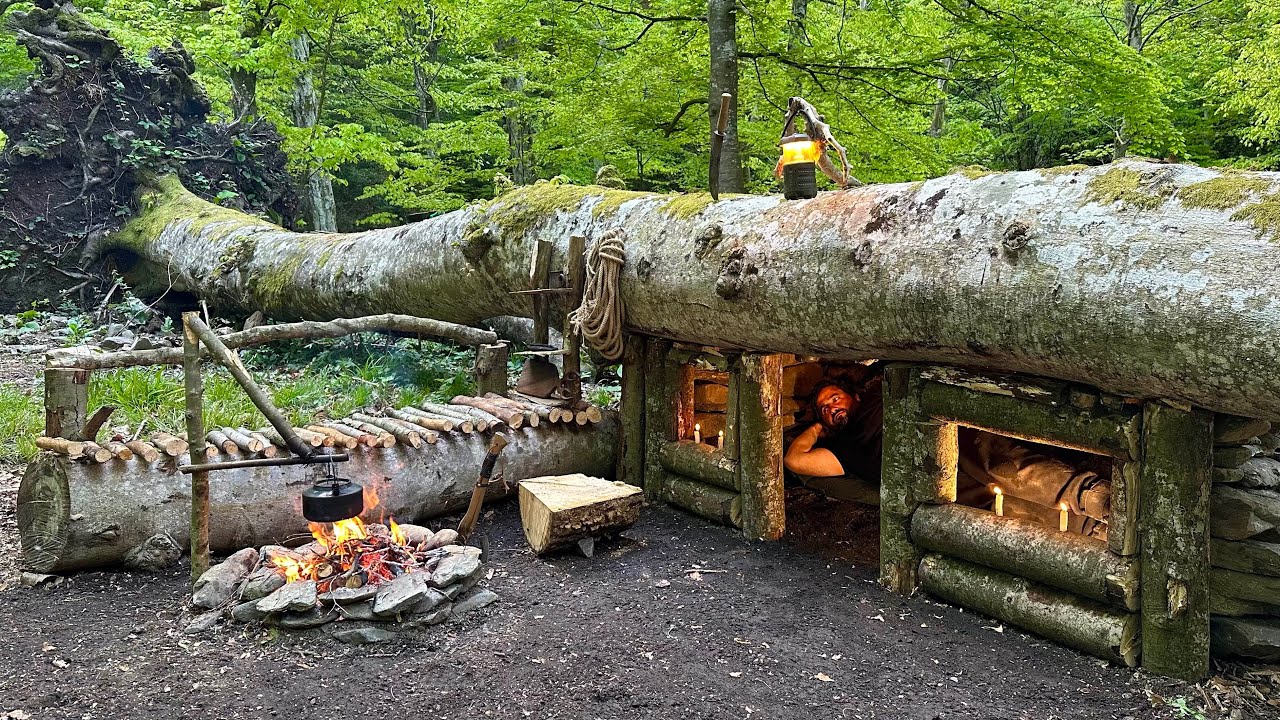 Кемпинг Bushcraft Shelter; Строительство секретного убежища для выживания под деревом