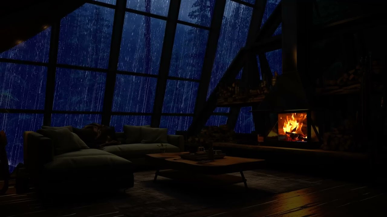 Fireplace & Rain Sounds in Forest Loft Cabin 🌧🔥 Peaceful Ambience for Sleep & Calm