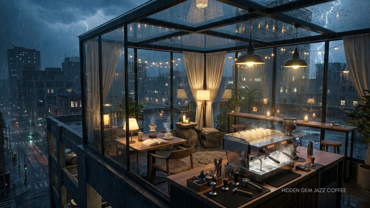 Rainy Night Coffee Shop ☕🌧️ City Rain, Distant Thunder, Cozy Ambience for Work & Relax