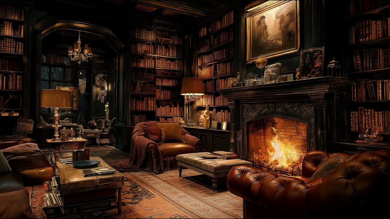 Cozy Library Fireplace Ambience with Warm Crackling Fire for Reading, Relaxation, and Focus