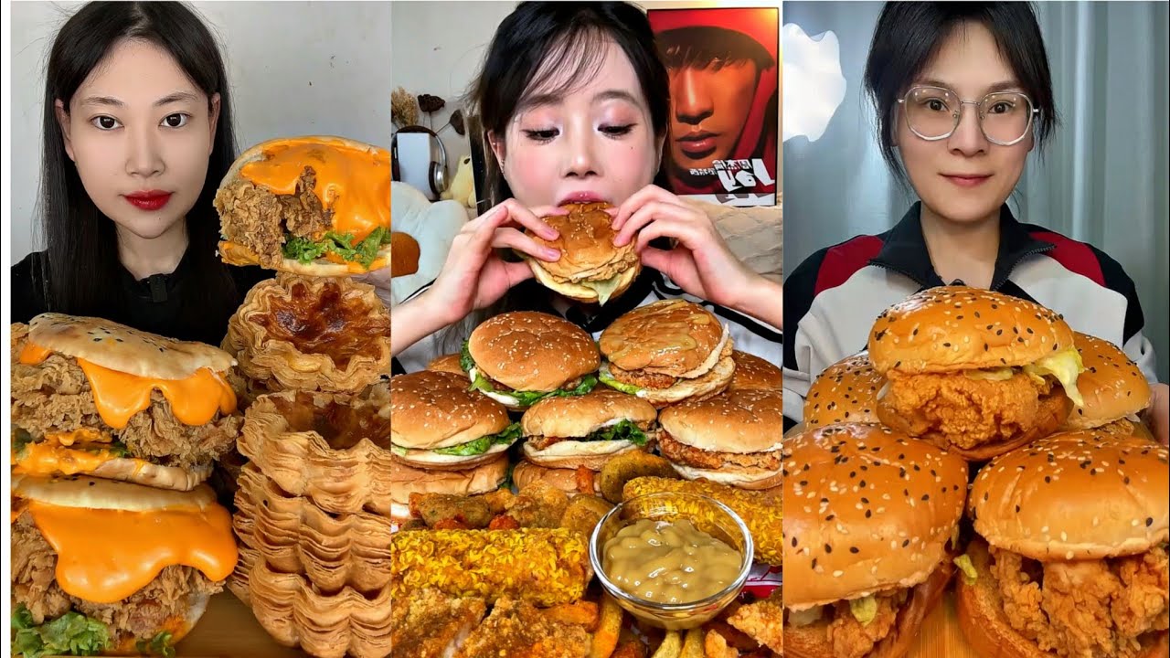 ASMR MUKBANG BURGERS 🍔CHICKEN🍗 FRENCH FRIES🍟Fast Food EATING햄버거 양념치킨 감자튀김 소스 퐁당! 먹방.
