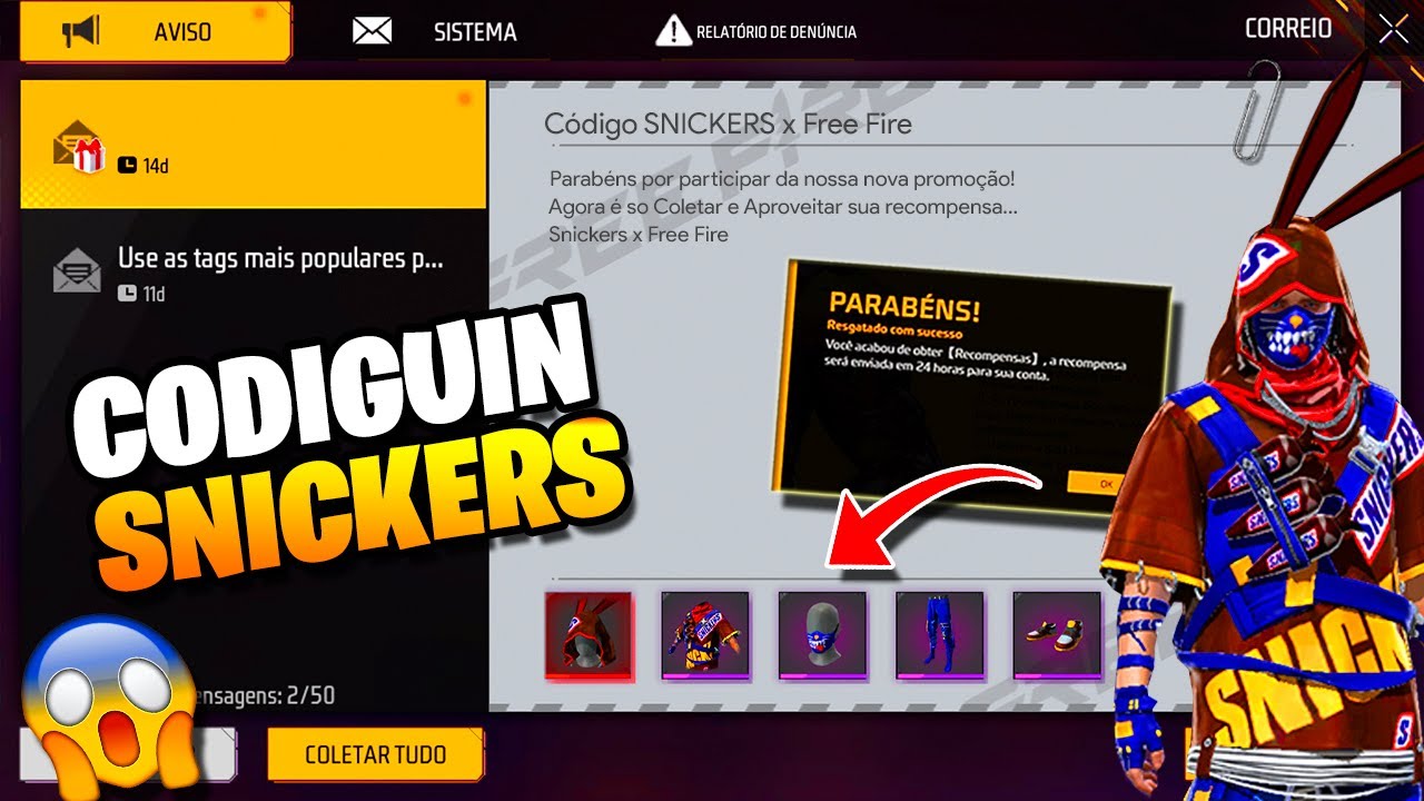 PEGUE AGORA CODIGUIN SNICKERS NO FREE FIRE! TODOS PODEM RESGATAR CODIGUIN FF 2026