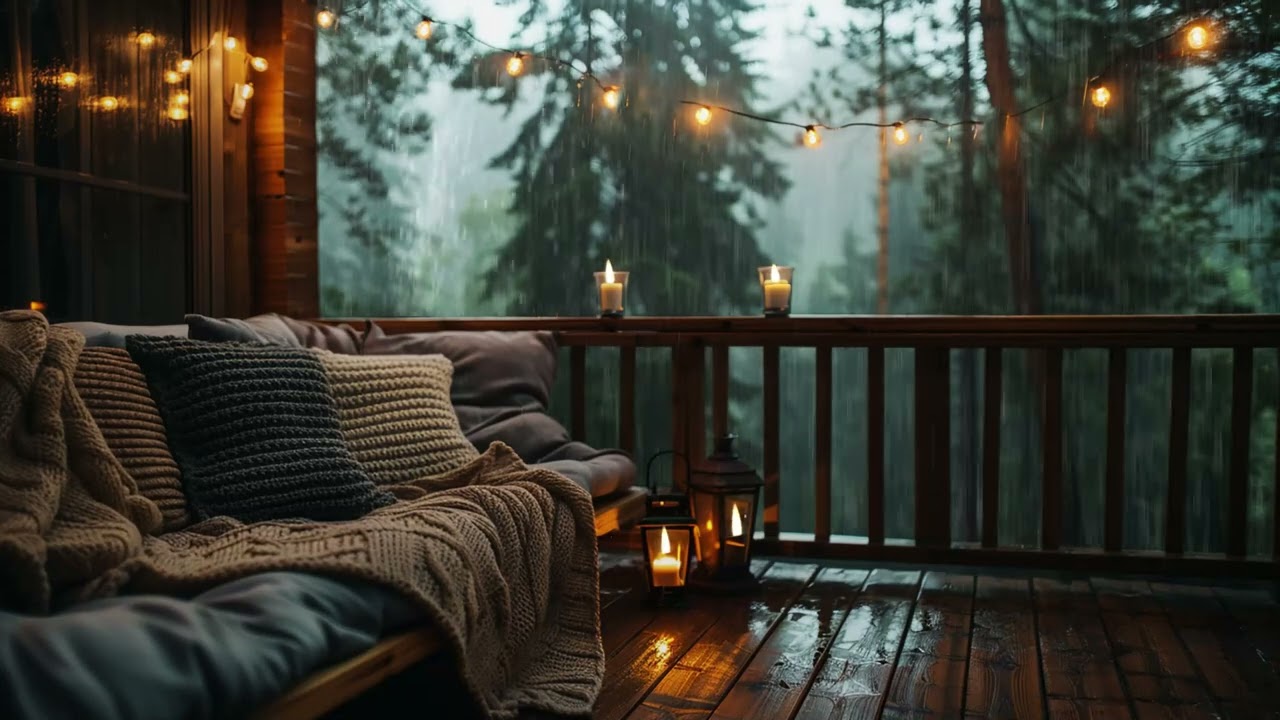 ASMR Winter Rain from a Cozy Forest Balcony with Candlelight Glow for Deep Night Sleep Ambience