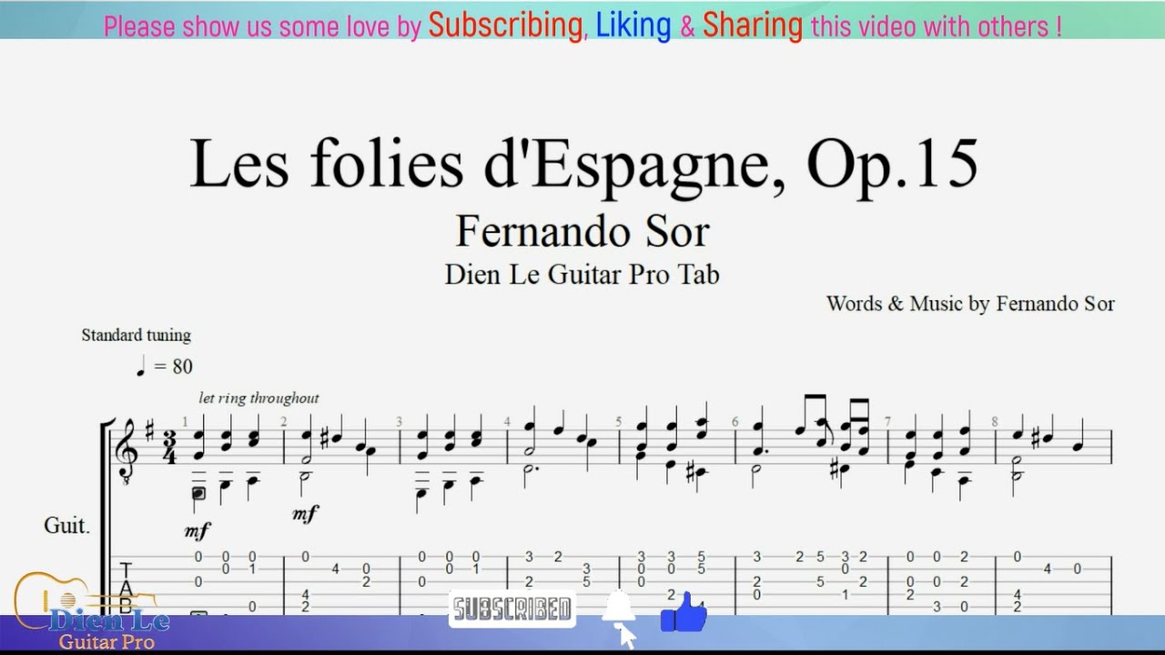 For Guitar Classical with TABs - Fernando Sor - Les folies d'Espagne, Op.15