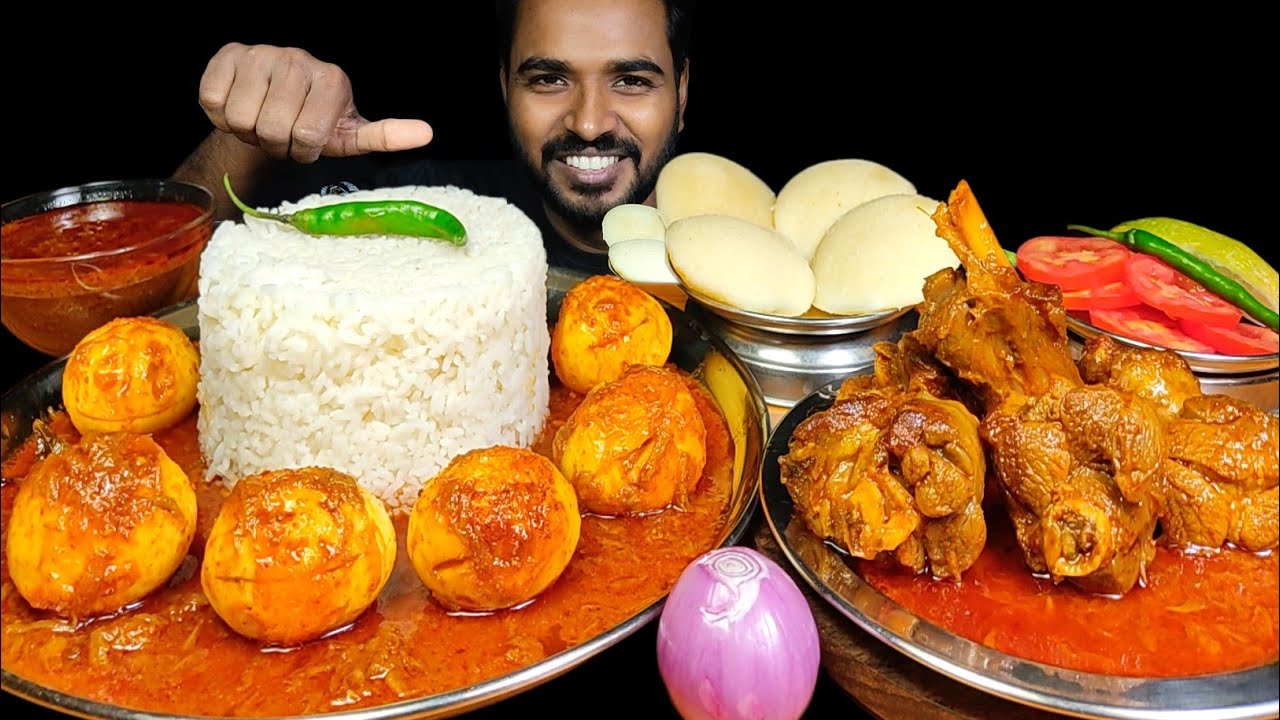 Eating Spicy Egg Curry with Rice | Idli, Mutton Curry and Salad Mukbang | Eating Challenge