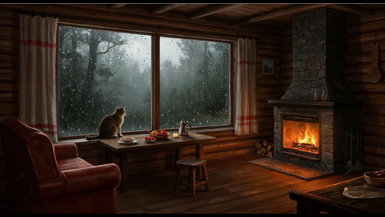 Cozy Cabin Rain Ambience (Fireplace + Distant Thunder) | 2.5 Hours | Study, Focus, Sleep (4K)