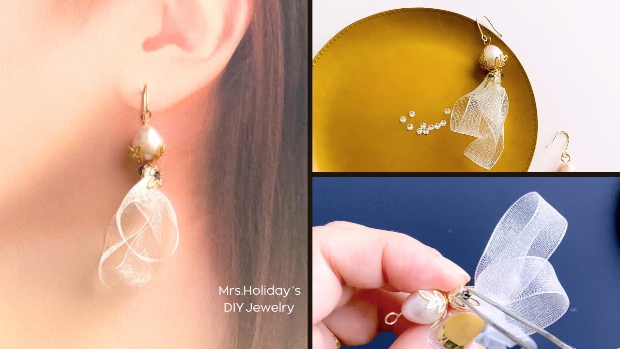 【上品アクセサリー】リボンとビーズのエレガントピアス｜How to Make Organza Ribbon Earrings