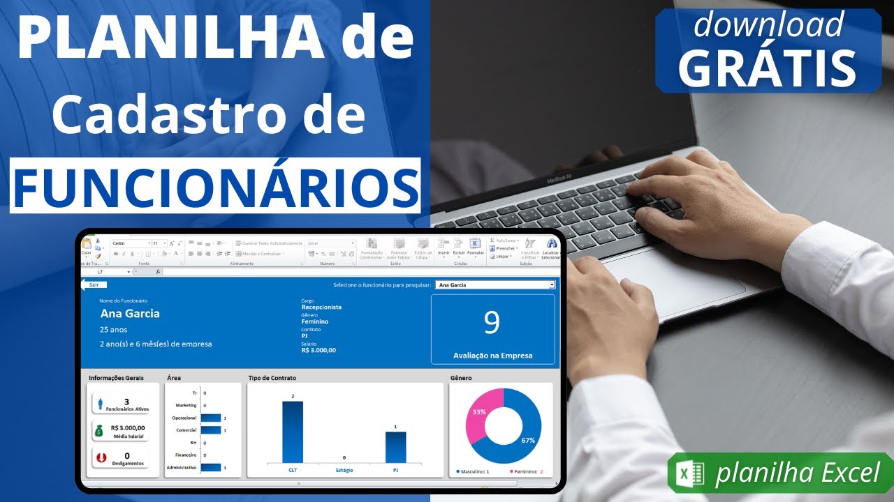 🔷[Gr&aacute;tis] Planilha de Cadastro e Controle de Funcion&aacute;rios GR&Aacute;TIS com Dashboard RH - Planilha Excel