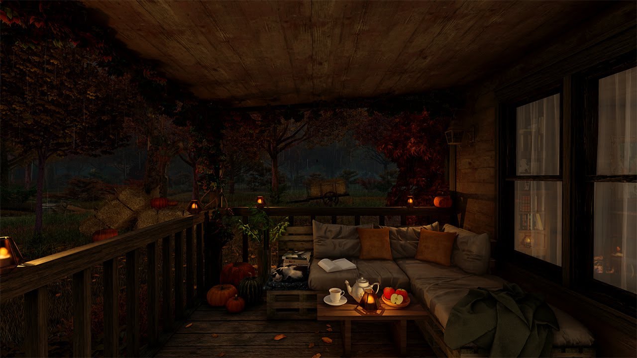 Autumn Ambience ASMR 🌙🍂 Soothing Gentle Rain Sounds For Sleep, Safe & Warm In Your Cozy Cabin Porch.